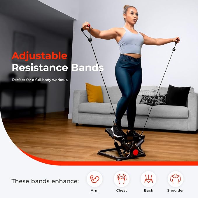 Sunny Health & Fitness Twist Stair Stepper with Resistance Bands | Low-Impact, Side-Twist Motion, Adjustable Step Height, Hydraulic Resistance, SunnyFit App, Up to 350 lb Capacity