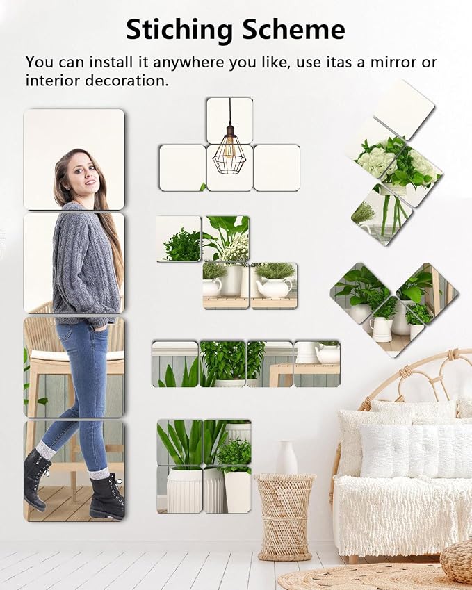Unbreakable Mirror Tiles, 4PCS 12”x12” Peel And Stick on Mirror for Wall Mirrors Decorative, Toddlers for Kids Bedroom, Plastic Gym Frameless Door Small Adhesive Mirrors for Classroom Decor Stickers