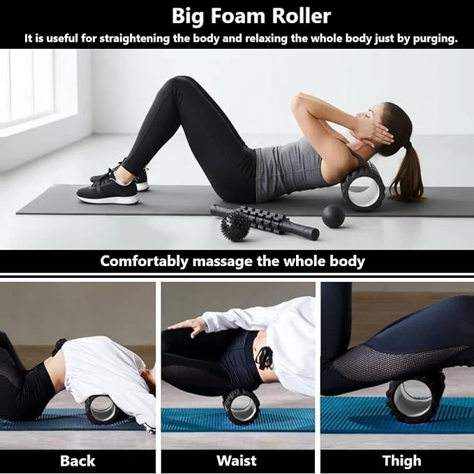 Aucuu 6 in 1 Foam Roller Set Includes Hollow Core Massage Roller, Yoga Stick, Massage Ball, Fitness Stretching Strap, Carrying Bag, Towel, Massage Roller (Black)