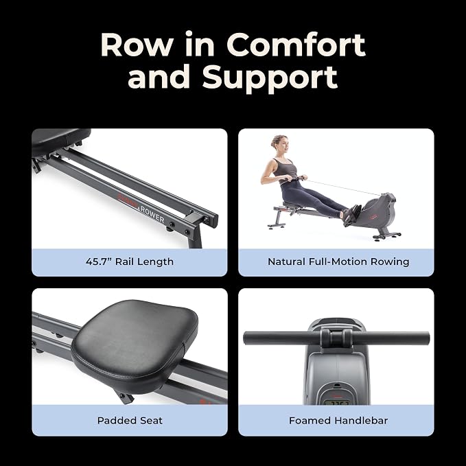 Sunny Health & Fitness Smart Magnetic Rower, Compact Quiet & Smooth Rowing Machine for Full-Body Cardio Exercise, Free SunnyFit Training App Connection