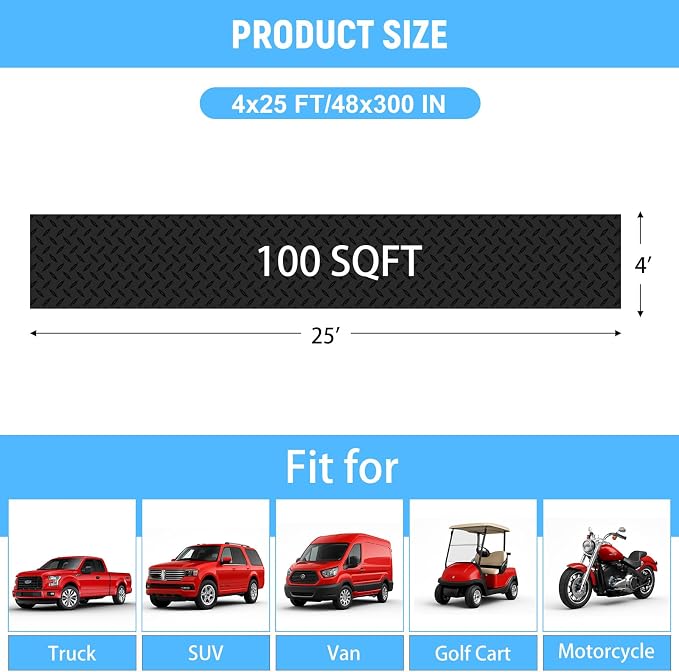 4x25 FT Garage Floor Mat, 2.8mm Thickened Diamond Plate | PVC Flooring Roll for Under Car/Golf Cart/Motorcycle, Garage Mat for Warehouse/Basement/Gyms/Trailer, Tapes Included, Black