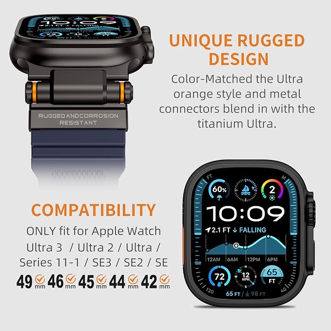Band Compatible with Apple Watch Ultra 3/2/1 Band 49/46/45/44mm | Metal Connector with Silicone Rugged Strap for iWatch Ultra Series 11/10/9/8/7/6/SE3/SE2/SE/5/4/3/2/1, Navy Blue/Black