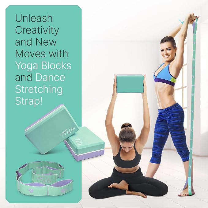 Yoga Blocks 2 Pack with Strap and Guide – Soft Non-Slip EVA Foam Blocks | High-Density Pilates Blocks for Home Workouts, Dance, Ballet, Gymnastics & Stretching Exercise, Dance Accessories and Gifts