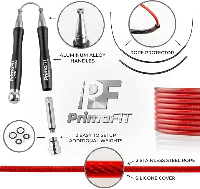 PrimaFIT Pro Speed Jump Rope for Adults, Weighted Skipping Rope for Boxing | Adjustable Jumping Rope for Fitness Workout & CrossFit Exercise, Double Unders, Handle Weights, 3m Cables 2 Protectors, Bag