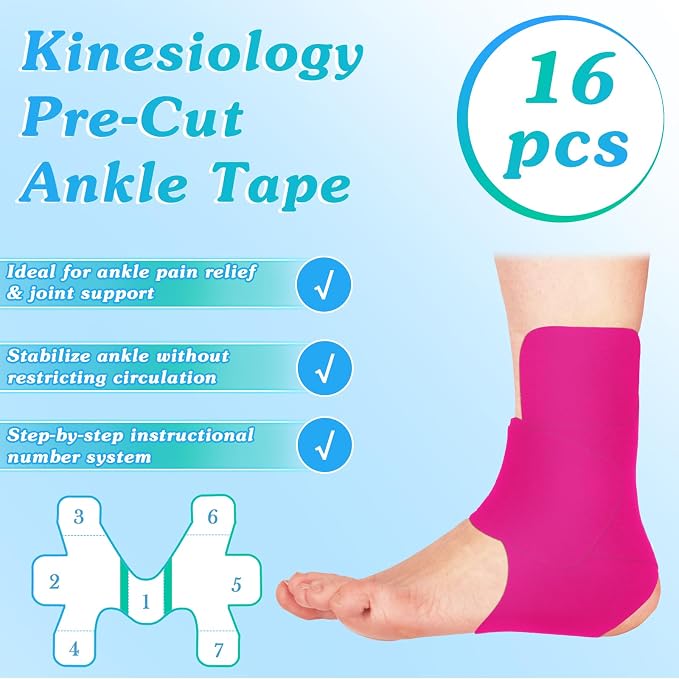 16 Pcs Precut Kinesiology Tape for Ankle Cotton Breathable Elastic Athletic Tape Pain Relief Minimize Ankle Sprain Provides Support and Stability for Ligament and Muscle Marathon Use(Pink)
