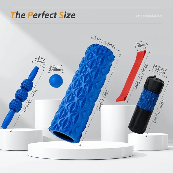 SUBCULTUREPICK 5 in 1 Foam Roller Set High Density Deep Tissue Massager | Trigger Point Massage Roller for Muscle Massage, Massage Ball, Resistance Band for Whole Body Physical Therapy Pure Blue