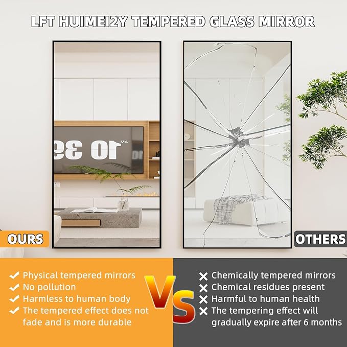 LFT HUIMEI2Y 76"x34" Full Length Mirror, Black Floor Mirror | Tempered Oversized Mirror Full Body with Aluminum Alloy Frame; Standing, Leaning, or Wall Mount for Bedroom, Living Room