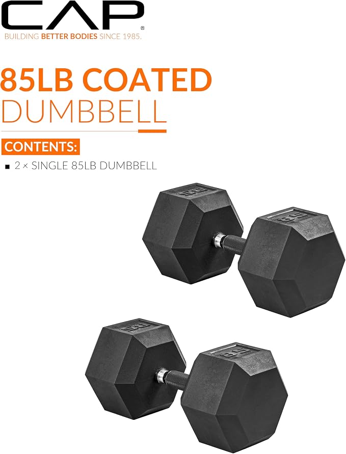 CAP Rubber Coated Dumbbell Weights, Free Weights for Home Gym Strength Training, Anti-Roll Hex Dumbbells with Black, Chrome & Comfort Grip Handles, Pairs & Sets