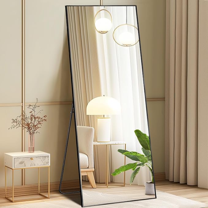 DUMOS 58"x19" Full Length Mirror, Full Body Mirror, Black | Aluminum Alloy Thin Frame, Leaning or Hanging, Suitable for Bedroom, Livingroom, Cloakroom