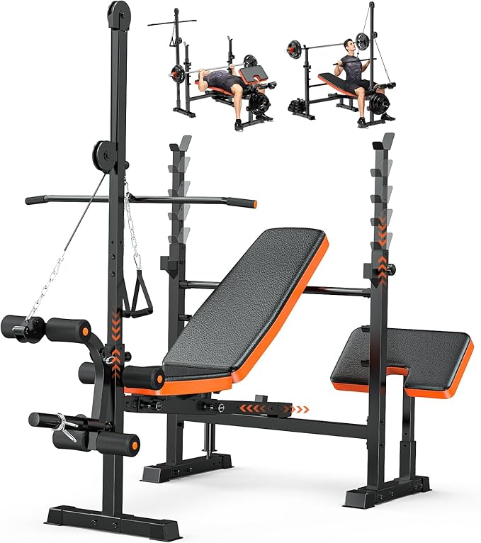 Fostoy Olympic Weight Bench with Lat Pulldown, Squat Rack & Leg Curl | Adjustable,Cable Row, Squat Rack, Leg Developer, Preacher Curl, Multi-Angle Backrest, Full Body Strength Training
