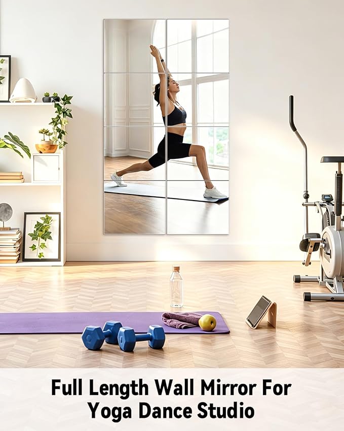 Full Length Wall Mirror Tiles, 12'' x 12'' x 4PCS, Acrylic Unbreakable Full Body Mirror for Bedroom Squares Shatterproof Mirror Sheets Wall Mounted for Home Gym Door Plexiglass Mirrors Safe for Kids