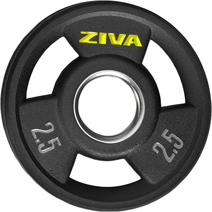 ZIVA Olympic Weight Plate – Premium Urethane-Coated Grip Disc with 2" Stainless Steel Insert and 3-Position Handle – Sold Individually (2.5–45 lb) Does not fit Standard Studio Barbell