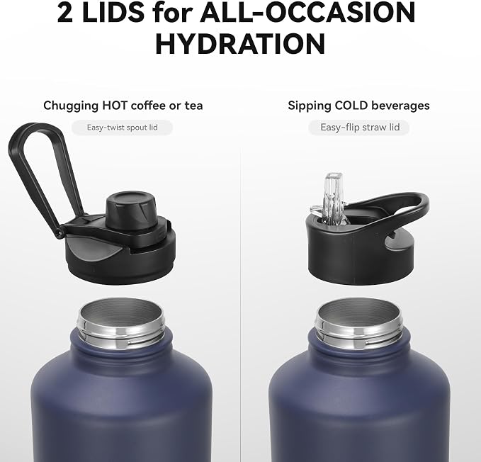 64 oz Insulated Water Bottle with Straw & Spout Lids, Stainless Steel Metal Half Gallon Water Jug with Paracord Handle, Double Wall Vacuum, Leakproof, Keep Drinks Cold & Hot, Navy