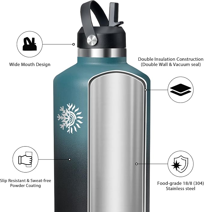 64oz Insulated Water Bottle, Triple Wall Vacuum Stainless Steel Bottle, 48H Cold & 24H Hot, Leak-Proof BPA-F Jug with Straw & Spout Lids for Sports & Outdoor