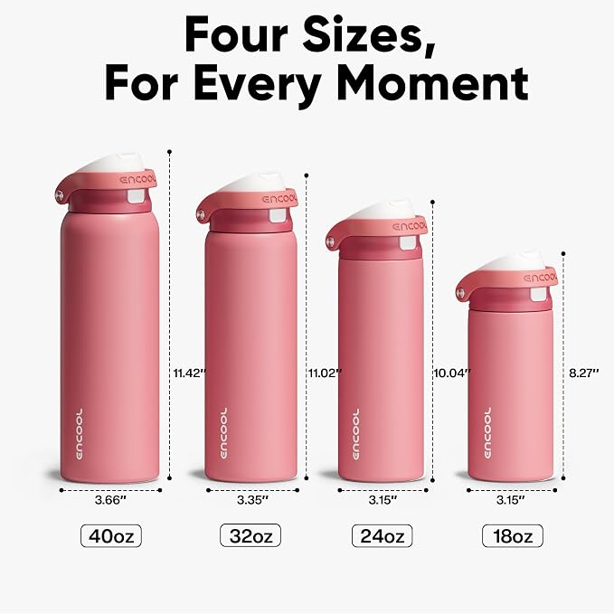 ENCOOL Leakproof Insulated Water Bottle with Straw Dual-Sip Water Bottle Bag-Safe Design for Work, Commute & Gym – Keeps Drinks Cold All Day, 40 oz, Vermilion