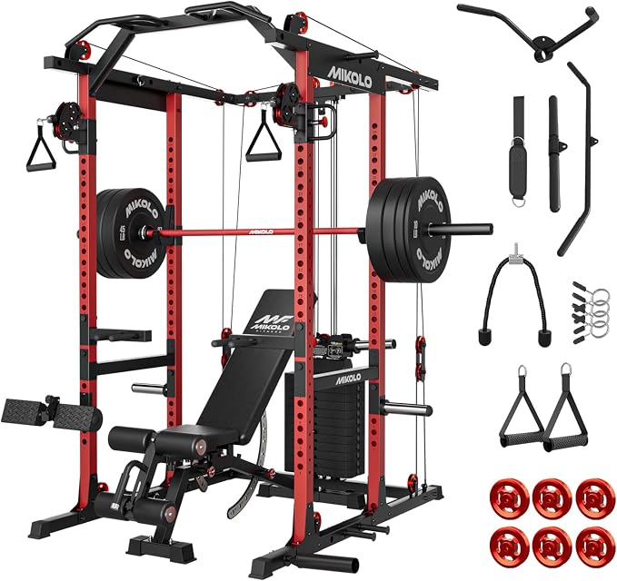 Mikolo K6 2.0 Power Cage, Power Rack with Cable Crossover System, 2000LBS Squat Rack with LAT Pull Down System, Functional Trainer with Aluminum Pulley System for Home Gym