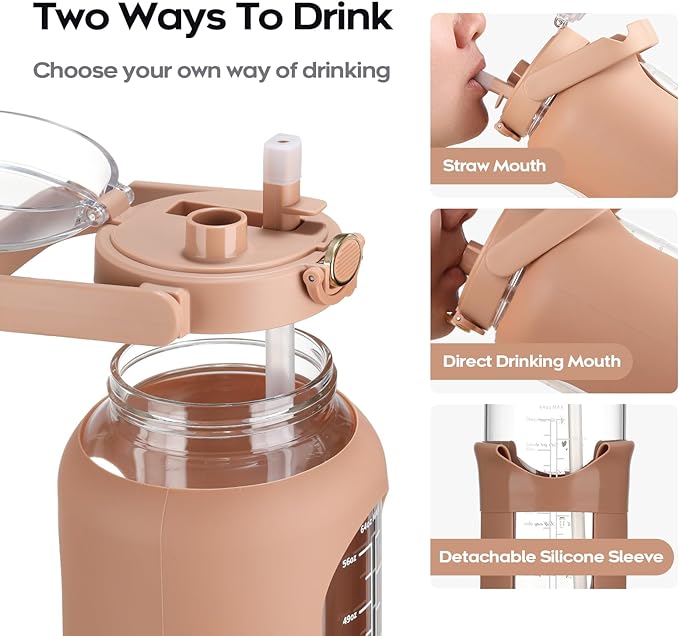 chunmo 74 oz Glass Water Bolttles with Straw Large Motivational Water Bottle with Time Marker Sports Water Bottles with Silicone Sleeve and Handle Lid 2.2L Water Jug for Gym Workout