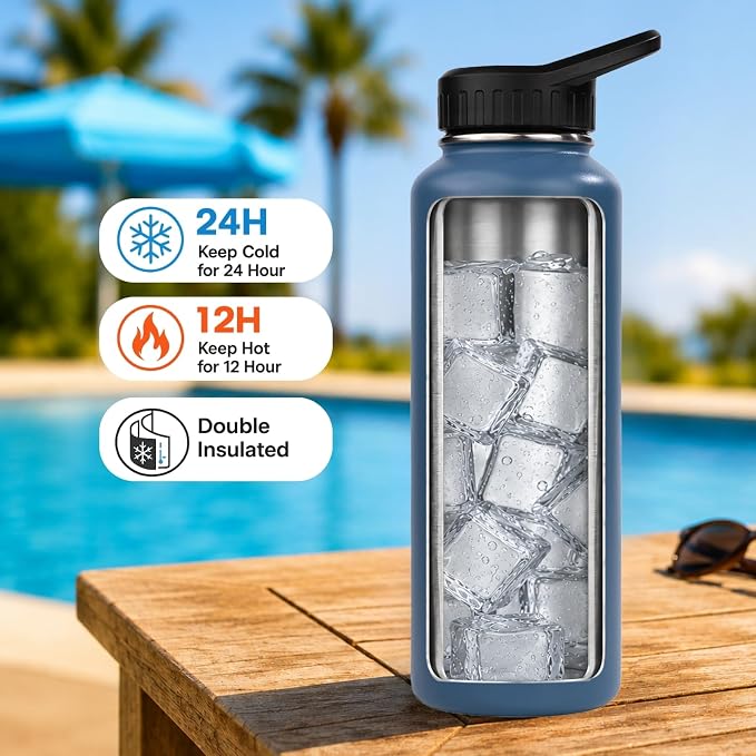 37 oz Insulated Water Bottles with Twist Cap, Keep Cold 24H, Leak-Proof, BPA-Free, Double Wall Stainless Steel Water Flask for Sports, Gym, Travel, and School (Dark Blue)