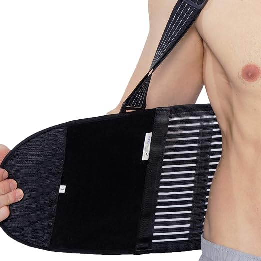 NeoTech Care Back Brace with Suspenders for Work - Industrial Lifting Safety, Elastic Compression, Hook & Loop Closure (Charcoal, Size M)