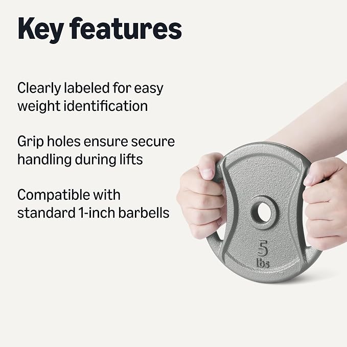 Amazon Basics 1-Inch Grip Weight Plates, Cast Iron, Strength Training, Home Gym
