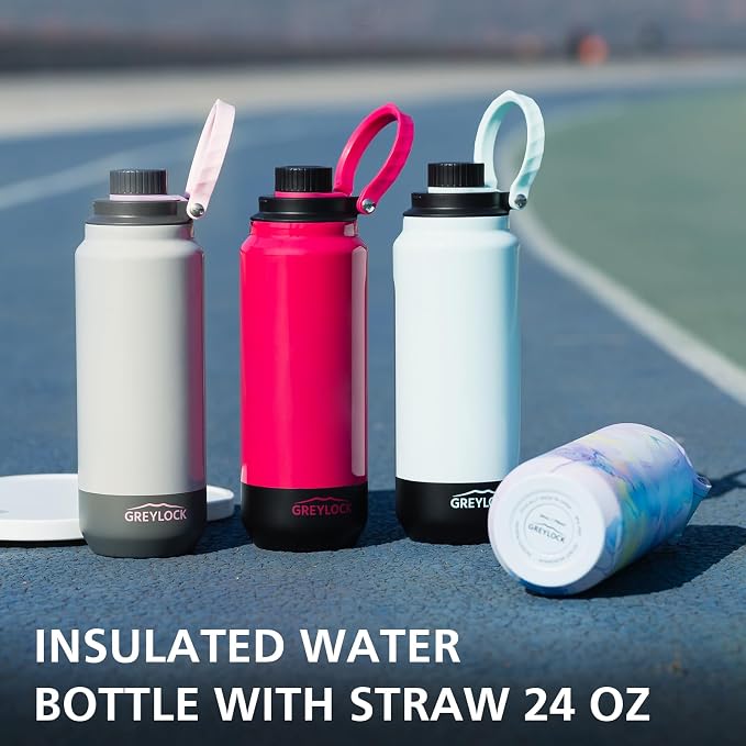 GREYLOCK 24 oz Insulated Water Bottle with Straw Lid, Leakproof Reusable Stainless Steel Vacuum Flask, 24hr Cold & Hot, Carry Handle & Silicone Spout, BPA-Free for Gym, Hiking, Travel,Grey