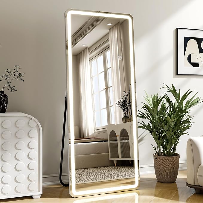Led Mirror Full Length 24 x 65 Inch Tempered Glass | Full Body Mirror with Dimming & 3 Color Lighting Standing Leaning or Hanging Full led Mirrors for Bedroom Dressing Room Rect