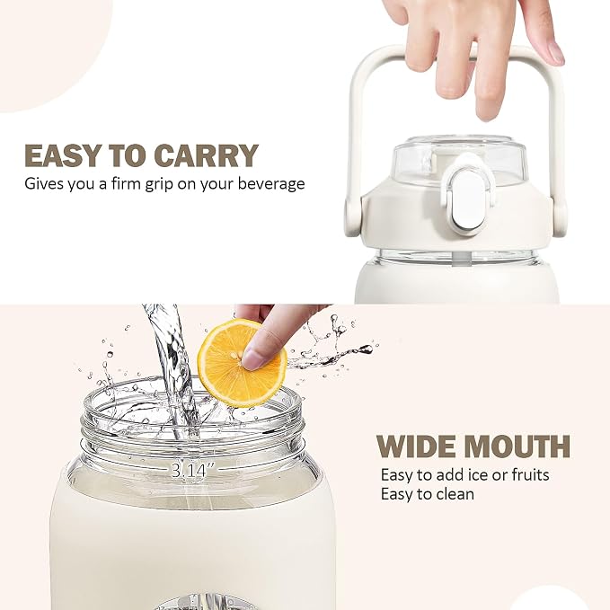 42oz Glass Water Bottles with Straw, Motivational Glass Bottle with Silicone Sleeve and Time Marker, Leakproof Large Glass Water Jug for Gym Home Office,White