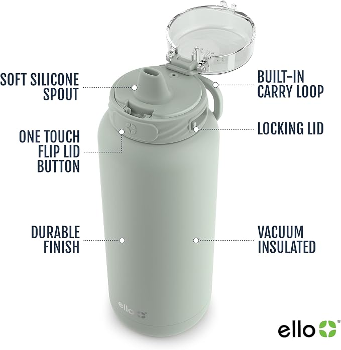 Ello Cooper 32oz Insulated Stainless Steel Water Bottle with Straw, Sage | Leakproof water bottle with straw and carry handle. BPA-free, keeps drinks cold 32 hours, great for gym, travel, and school.