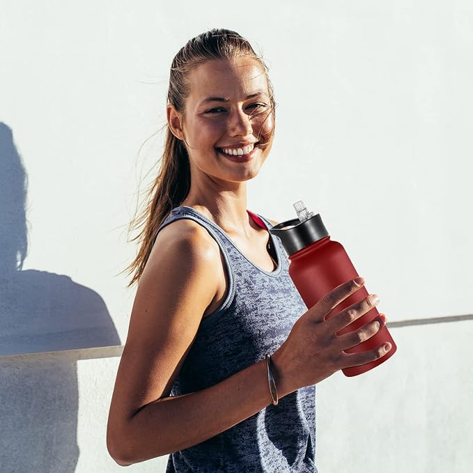 32 oz Insulated Water Bottle Bulk 8 Pack, Stainless Steel Sports Water Bottles with Straw Lid & Wide Mouth Lids, Double Walled Vacuum, Leak Proof, Red