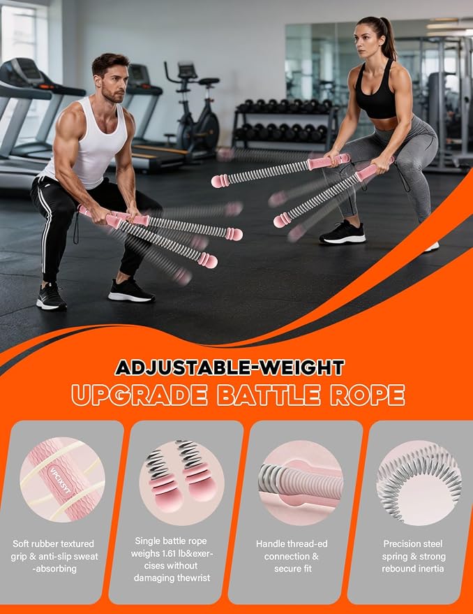 Cordless Battle Ropes 2 Pack Adjustable Weight Portable Ropeless Battle Ropes for Home Gym Full Body Workout with Non Slip Handle and Training Poster for HIIT Cardio Strength Training Men Women,Pink