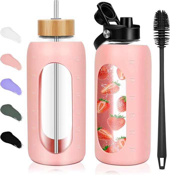 FULBEVY Glass Water Bottles 64 oz - Half Gallon Large Motivational Daily Water Intake Bottle Time Marker - Glass Water Bottle With Straw, Silicone Sleeve 2 Lids, Handle Spout & Bamboo Lid(Pink)