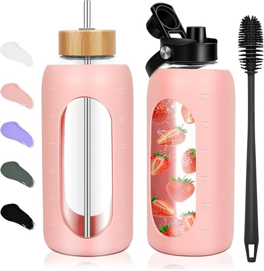 FULBEVY Glass Water Bottles 64 oz - Half Gallon Large Motivational Daily Water Intake Bottle Time Marker - Glass Water Bottle With Straw, Silicone Sleeve 2 Lids, Handle Spout & Bamboo Lid(Pink)