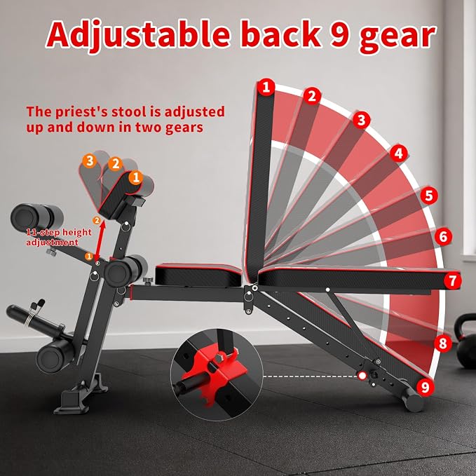 K KiNGKANG Foldable Weight Bench with Leg Curl, 1200 LBS Heavy Duty Workout Bench, 4-Level Adjustable Distance for All Heights, Multi-Position Incline Decline Exercise Bench with Dumbbell Rack for Home Gym