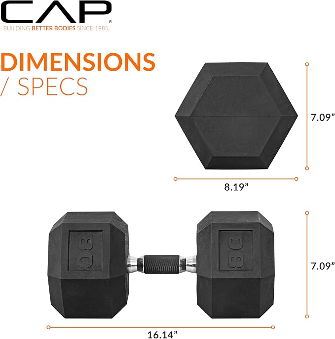 CAP Rubber Coated Dumbbell Weights, Free Weights for Home Gym Strength Training, Anti-Roll Hex Dumbbells with Black, Chrome & Comfort Grip Handles, Pairs & Sets