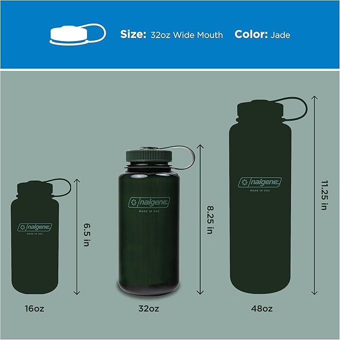 Nalgene 32 oz Wide Mouth Water Bottle, Jade | BPA-Free, Durable & Lightweight, Leak Proof, Dishwasher Safe, Large Reusable Plastic Bottle for Hiking, Gym, Work & Travel