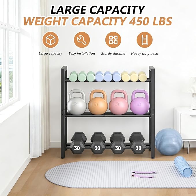 Eocnrhe Dumbbell Rack Stand Only, Weight Rack for Home Gym, 3-Tier Adjustable Dumbell Rack Heavy-Duty Weight Stand for Dumbbells Kettlebells