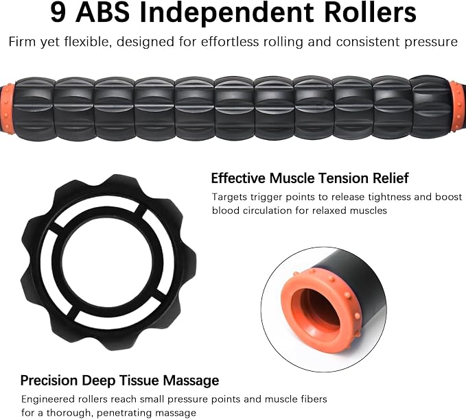 Muscle Roller Massage Roller Stick- Deep Tissue Fascia Blaster for Myofascial Pain Relief, Lymphatic Drainage & Body Sculpting, Handheld Physical Therapy & Recovery Tool (Orange Black)
