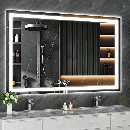 Koonmi 60x36 LED Bathroom Mirror with Light, Anti-Fog, 3 Colors | Backlit + Front Lit, Dimmable Brightness, Shatterproof HD Distortion-Free Tempered Glass, Hardware Included