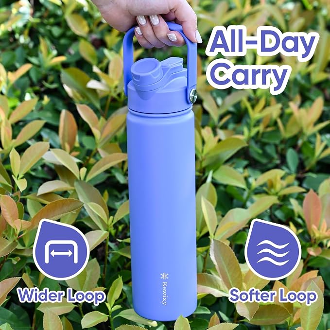 KEWIXY 24 oz Insulated Water Bottle, 2-in-1 Lid, Straw & Spout with Protected, Leak Proof, Keep Cold, Stainless Steel, Metal, Reusable, Handle, for Travel, Gym and School, 2 Lids, Aurora Blue