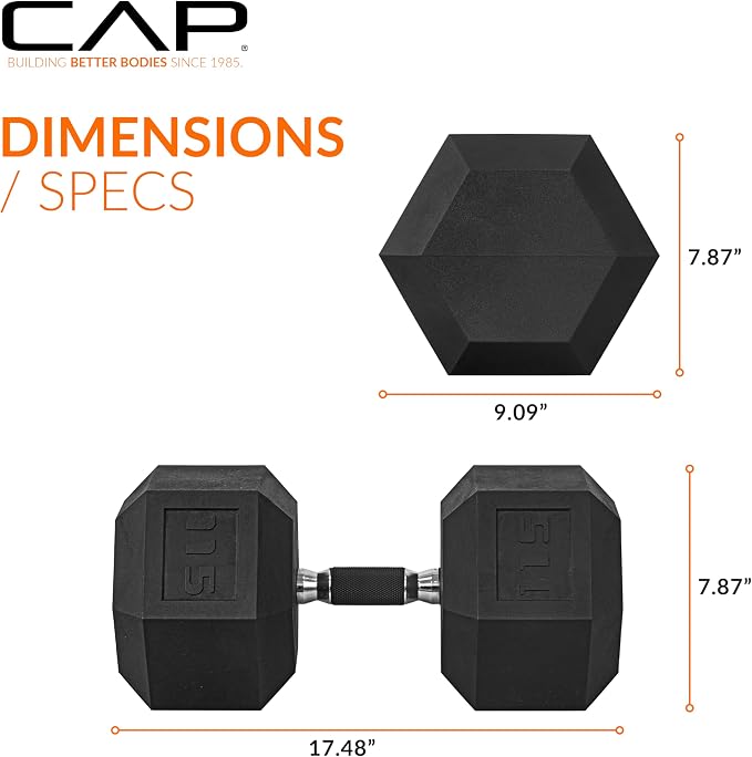 CAP Rubber Coated Dumbbell Weights, Free Weights for Home Gym Strength Training, Anti-Roll Hex Dumbbells with Black, Chrome & Comfort Grip Handles, Pairs & Sets