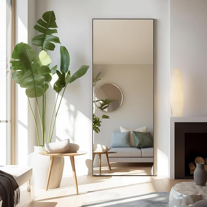 NEWBULIG 64"x21" Full Length Mirror, Full Body Standing Mirror, Black | Leaning or Standing, Tempered Glass, Aluminum Alloy Thin Frame Floor Stand for Bedroom, Cloakroom