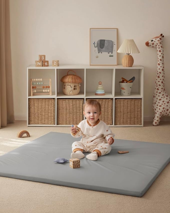 Blissful Diary Vegan Leather Baby Play Mat, 50''x50'', Light Gray | thick cushion, safe and soft fabric, waterproof and wip clean, indoor use, non-slip bottom, stylish mordern decor