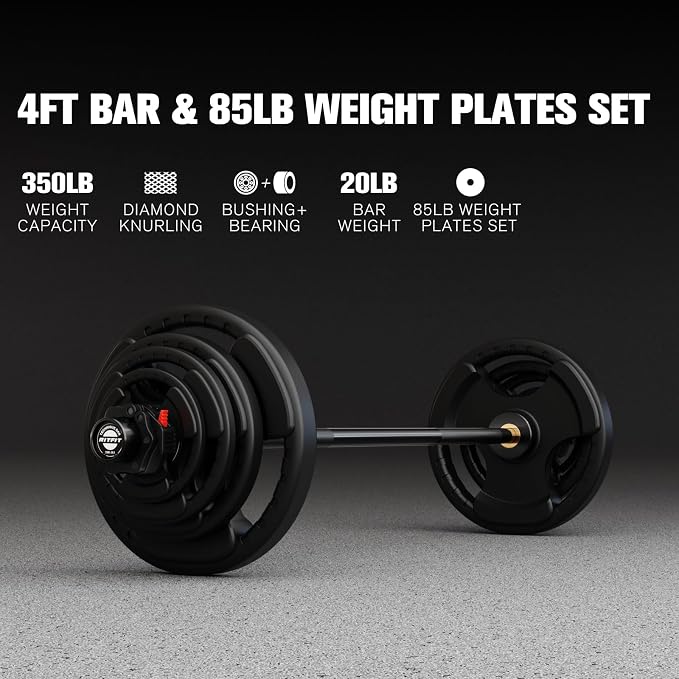 RitFit Barbell Weight Set - 4/6FT Olympic Barbell with Weight Plates (55-115LB Total) - Weightlifting Equipment for Squats, Curls, Deadlifts, Presses, Hip Thrusts