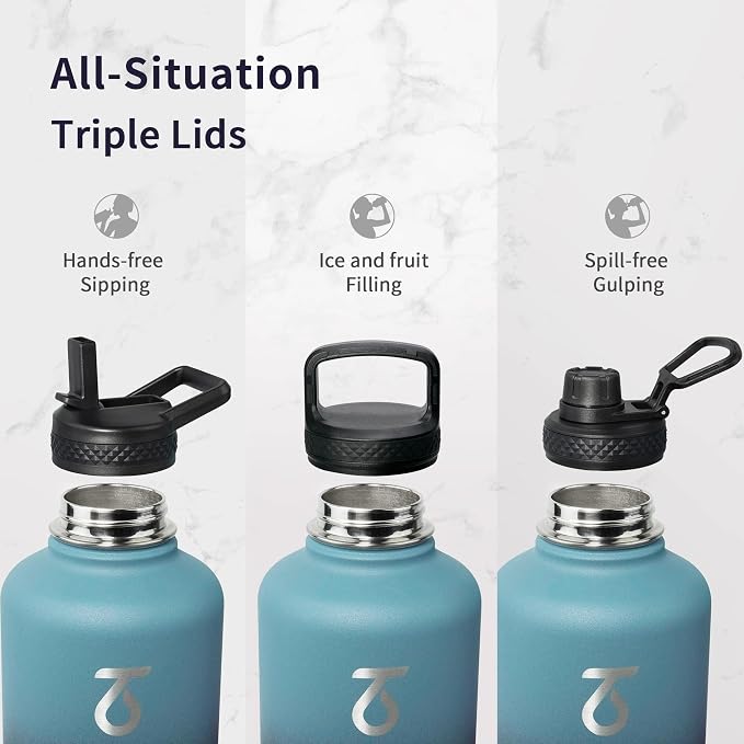 Trebo 64 oz Water Bottle Stainless Steel with 3 Lids, Paracord Handle & Bag | Half Gallon Large Insulated Jug, Triple Wall Vacuum Copper Plated, Dishwasher Safe, Cold 48Hrs for Outdoor, Hiking, Gym