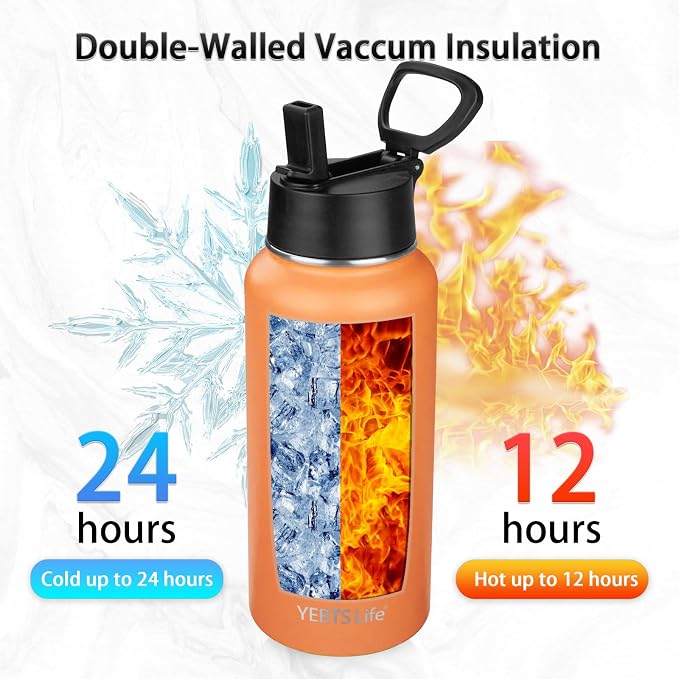 Insulated Water Bottle With Straw,32 oz Vacuum Insulated Stainless Steel Sports Water Flask,Keeps Cold and Hot,Metal Water Bottle Wide Mouth for Gym Travel Camping (Orange)