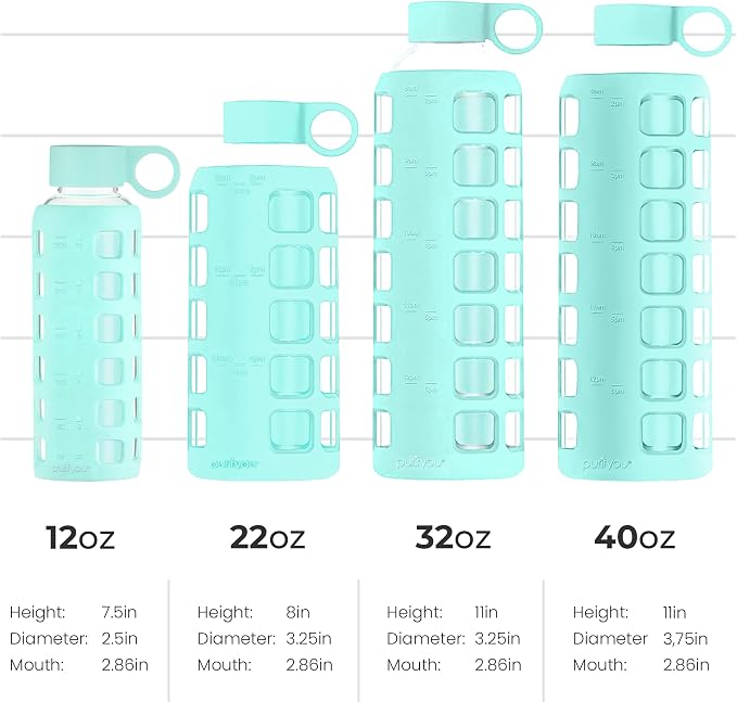 purifyou 40oz / 32oz / 22oz / 12oz Borosilicate Glass Water Bottle with Time & Volume Markers, Silicone Sleeve, Stainless Steel Lid | Reusable Glass Bottle for Water & Juice (22oz Glow-in-the-Dark)