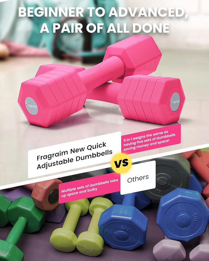 Adjustable Dumbbells Set, 4 in 1 Hand Weights Set for Women Men 10 LB/ 12 LB Dumbbell Pair Each 2lbs 3lbs 4lbs 5lbs Weights Dumbbells Set with TPU Soft Rubber Handle for Home Gym Exercise Fitness