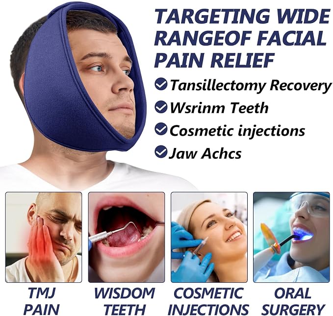 AiricePac Wisdom Teeth Ice Pack Head Wrap, Face Ice Pack for Jaw Oral Surgery Pain Relief for TMJ, Teeth Removed, 4 Cold Therapy Gel Packs Reusable, Blue