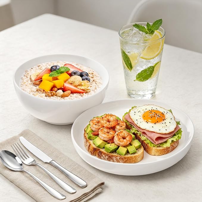 12-Piece New Bone China Dinnerware Set for 4, Lightweight White Plates & Bowls, Stackable, Microwave & Dishwasher Safe, 10" Dinner Plates, 8" Pasta Bowls & 6" Everyday Bowls