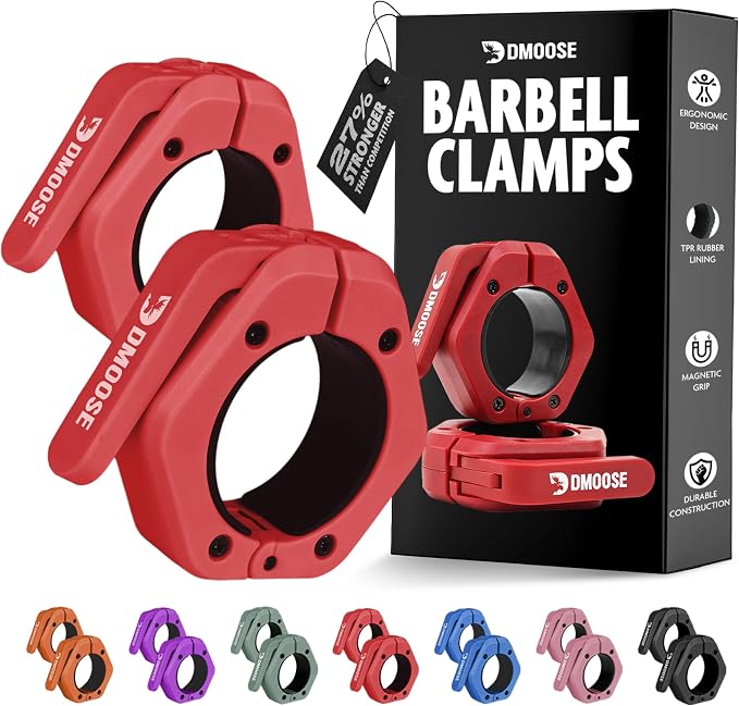 DMoose Fitness Barbell Clips 2 Inch (Pair) - Quick Release Olympic Barbell Clamps & Collars with Anti Slip TPR Grip for Secure Weightlifting and Powerlifting - Weight Clips for Bars at Home or Gym